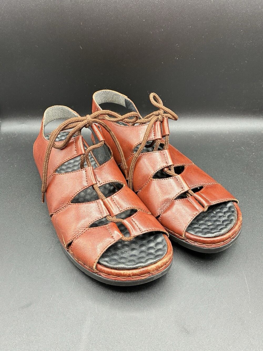 Rieker Women's Leather Sandals Size 40 Brown Lace Up Boho Textured Footbed